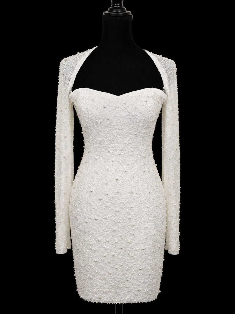 Elegant Ivory Beaded Bodycon Dress with Long Sleeves